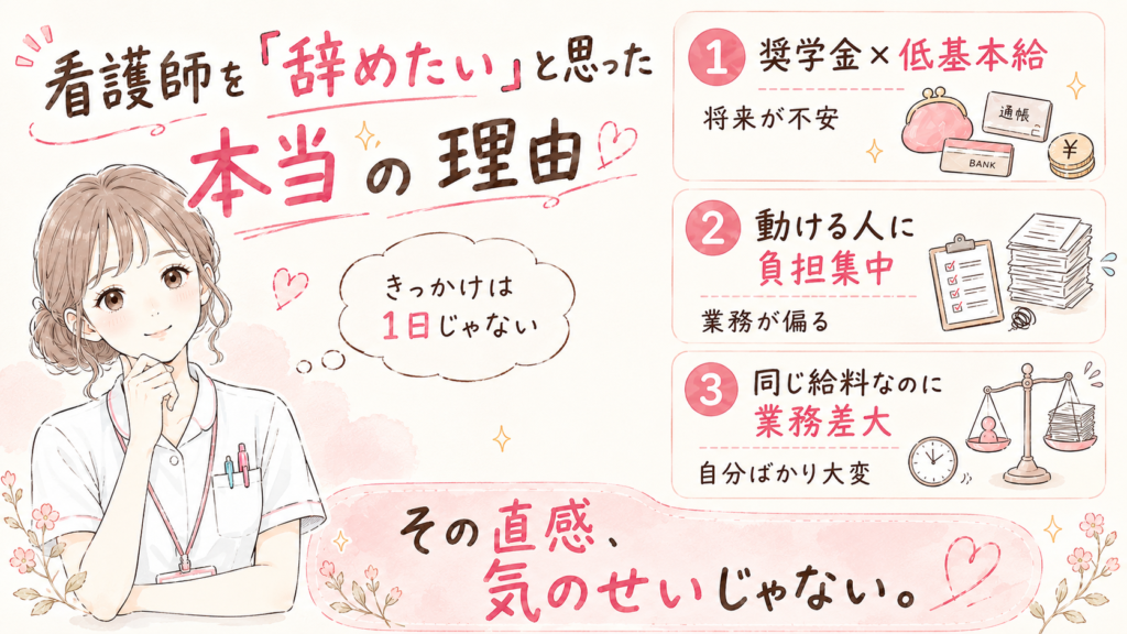 奨学金返済や低い基本給、仕事の偏りから看護師を辞めたいと思った理由