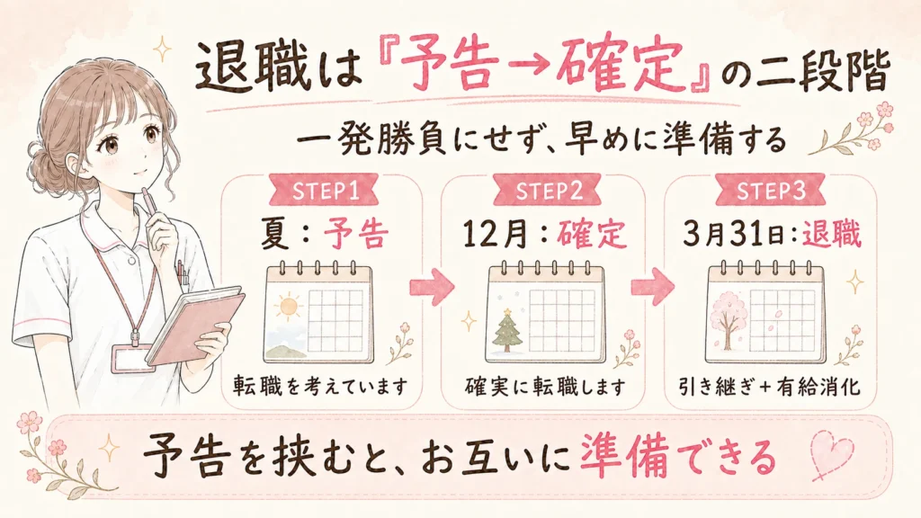 夏に退職を予告し、12月に転職を確定して伝え、3月31日に退職する二段階方式の流れを説明する図解