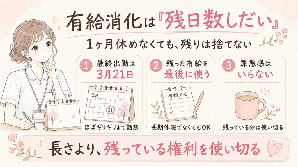最終出勤が3月21日で、残っていた有給を退職前に使い切った実体験を説明する図解