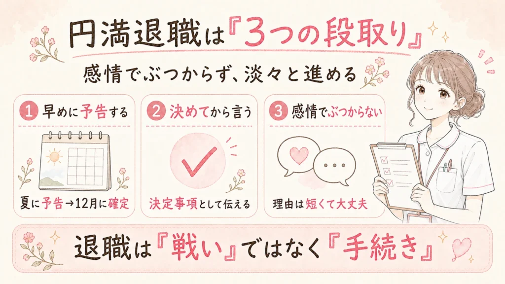 早めに予告し、退職を決めてから伝え、感情でぶつからず淡々と進める円満退職の3つの段取りをまとめた図解